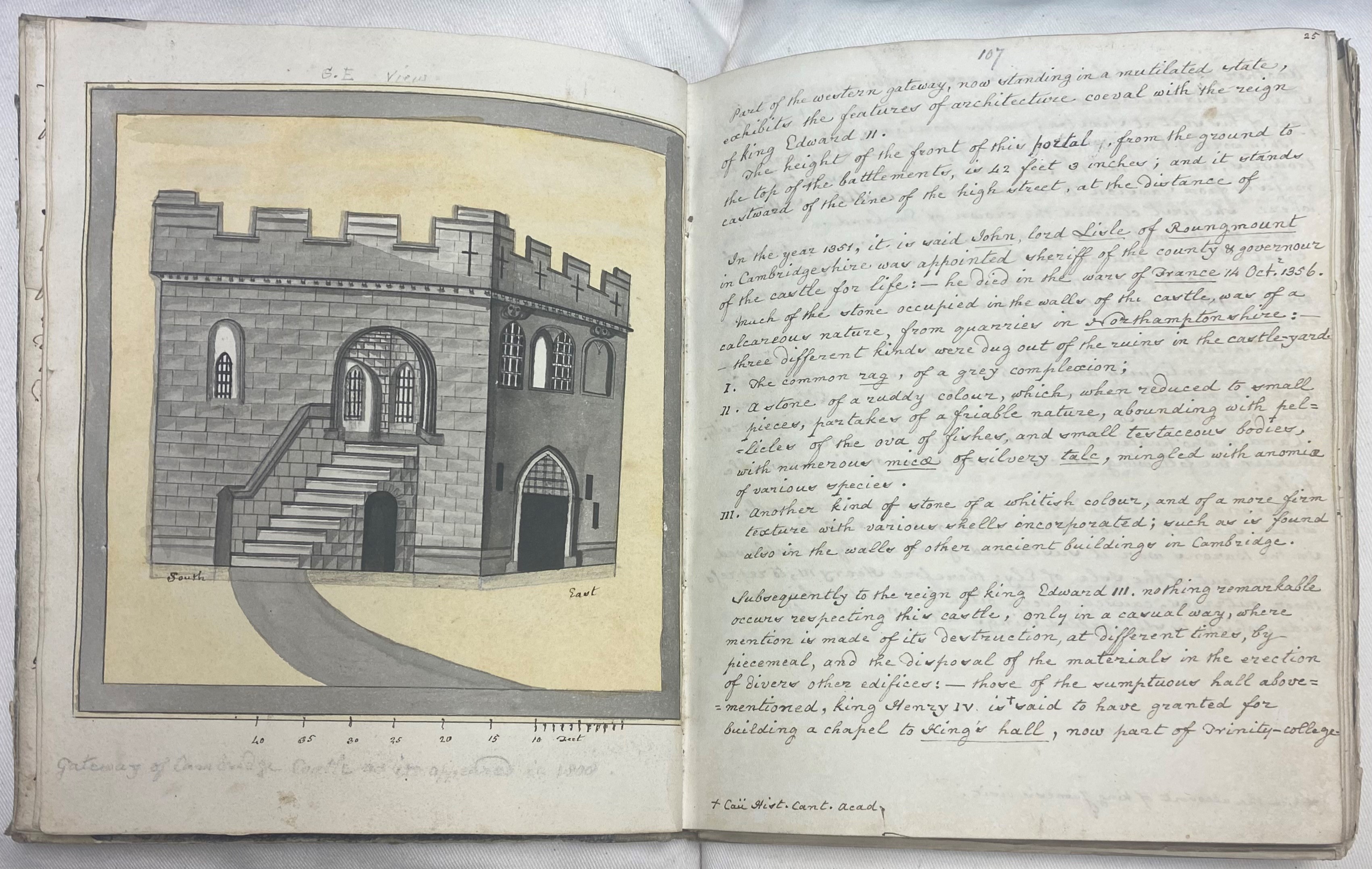 Page from Bowtell's History of Cambridge, with a drawing of Cambridge Castle c.1800