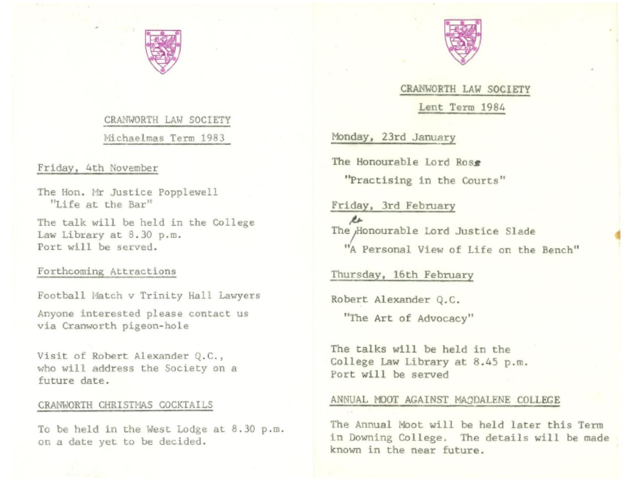 Cranworth Law Society term cards, 1983-4