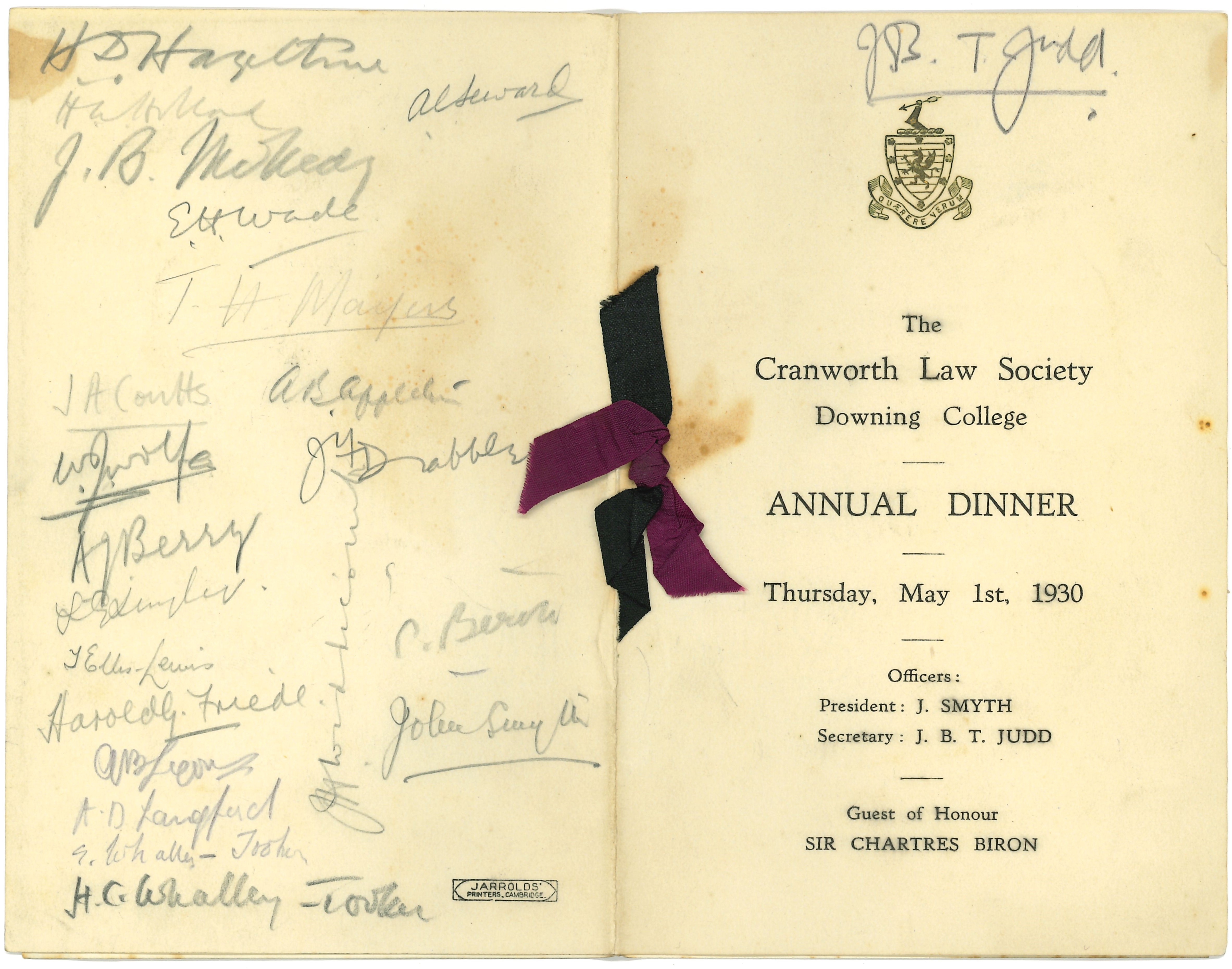 1930 annual dinner signed menu