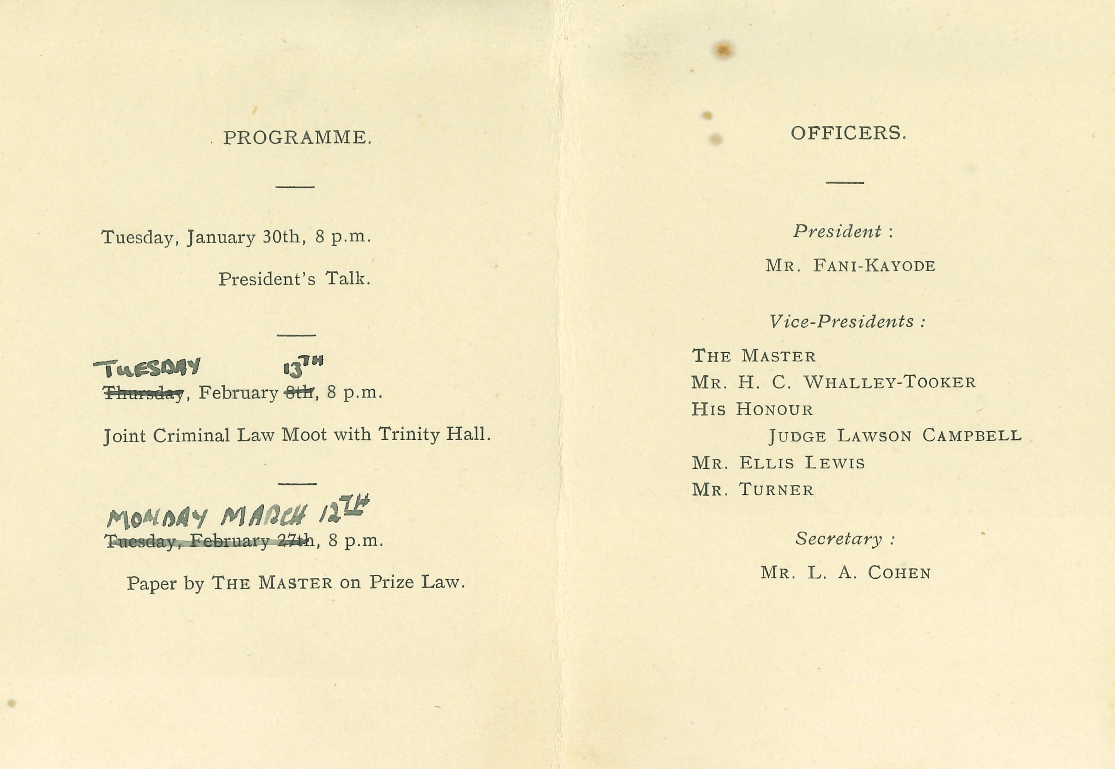 Term card for Cranworth Law Society meetings, Lent 1945