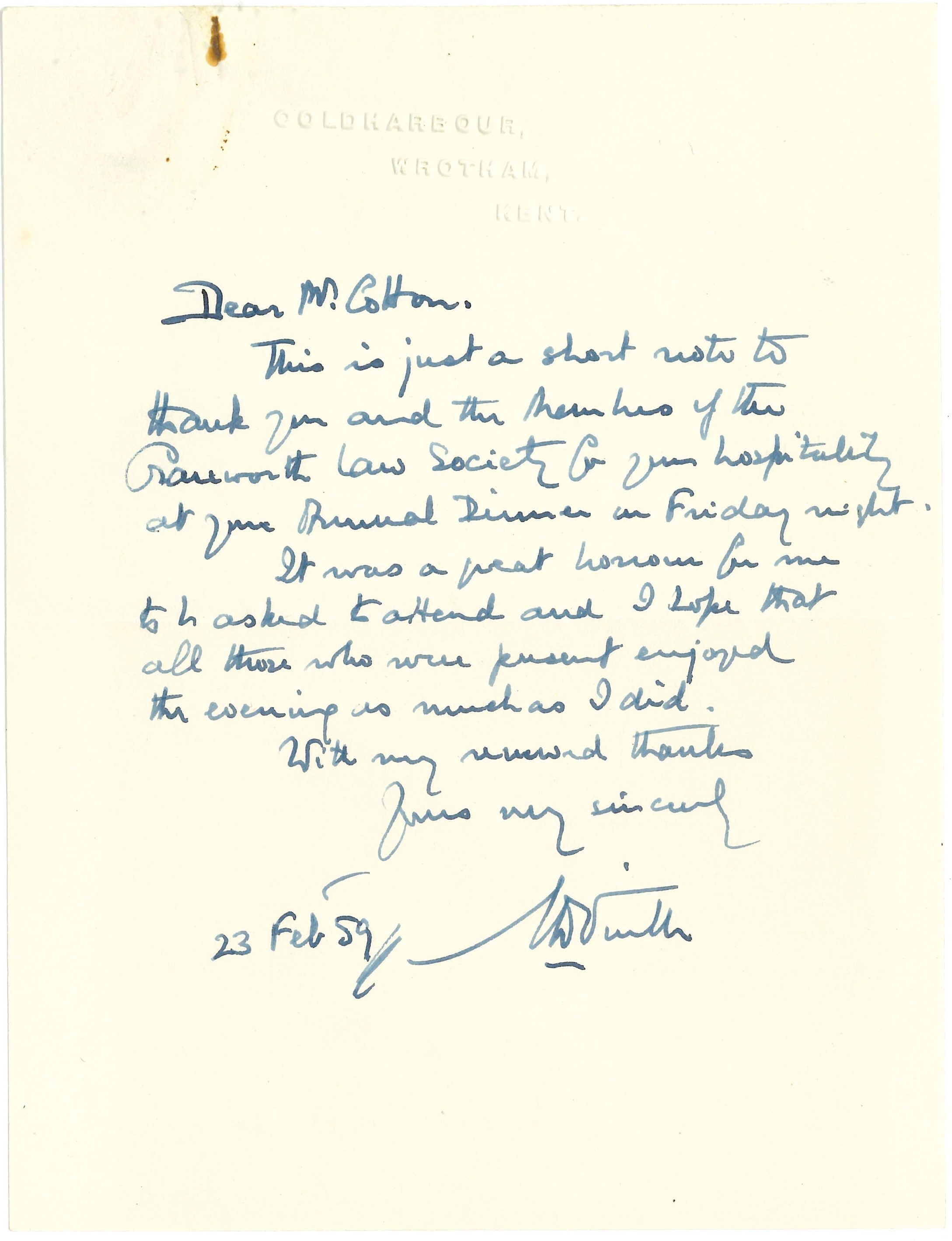 Letter of thanks, 1959