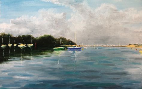 'Oil Painting of Boats Moored at Wooton Creek on a Calm Summer Day'