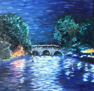 'An Oil Painting of May Ball Punts Approaching Clare Bridge on the River Cam'
